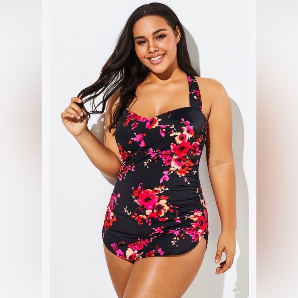 Meet Curve Poppies H-Back Sarong Front One-Piece Swimsuit Medium 10/12